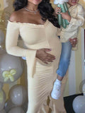 Beige Off Shoulder Ruffle Falbala Ruched Slit Mermaid Elegant Maternity Baby Shower Maxi Dress Maternity