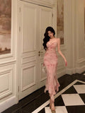 Mermaid Spaghetti Straps Pink Prom Dresses Birthday Outfits Evening Gown SD1074