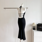 Sheath Halter Black Dinner Dresses Mid Length Black Birthday Outfit SD287