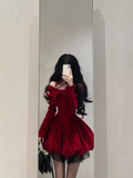 Ball Gown Long Sleeves Velvet Red Short Cocktail Dresses Birthday Outfits SD572