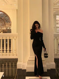 Sheath Off The Shoulder Black Slit Long Sleeves Prom Dresses Birthday Outfits SD405