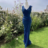 Fashion Mermaid V Neckline Navy Blue Floor Length Evening Dress Prom Dresses HZ0628