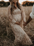Apricot Sequin Tassel Tulle Ruched Cross Chest Multi Way Tie Back V-neck Elegant Boho Photoshoot Maternity Maxi Dress Maternity