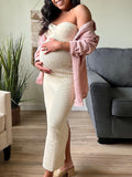 Beige Tube Twist Bow Back Slit Bodycon Crochet Fashion Baby Shower Maternity Maxi Sweater Dress Maternity