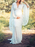 White Lace Trumpet V-Neck Flare Sleeve Bodycon Prom Wedding Gown Photoshoot Maternity Maxi Dress Maternity