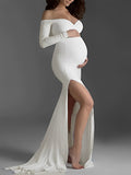 White Off Shoulder Side Slit Mermaid Bodycon Photoshoot Maternity Maxi Dress Maternity