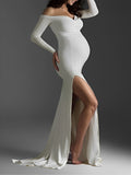 White Off Shoulder Side Slit Mermaid Bodycon Photoshoot Maternity Maxi Dress Maternity