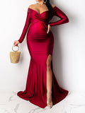 Off Shoulder Long Sleeve Slit Bodycon Solid Baby Shower Party Evening Gown Maternity Maxi Dress Maternity