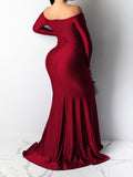 Off Shoulder Long Sleeve Slit Bodycon Solid Baby Shower Party Evening Gown Maternity Maxi Dress Maternity