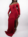Off Shoulder Long Sleeve Slit Bodycon Solid Baby Shower Party Evening Gown Maternity Maxi Dress Maternity