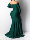 Green Off Shoulder Long Sleeve High Split Bodycon Solid Baby Shower Evening Gown Maternity Maxi Dress Maternity