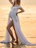 White Tulle Off Shoulder V-Neck Cap Sleeve Bodysuit Flowy Plus Size Photoshoot Maternity Maxi Dress Maternity