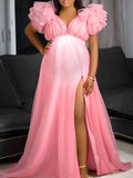 Tulle Ruffle V-neck Slit Plus Size Photoshoot Baby Shower Maternity Maxi Dress Maternity