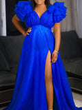 Blue Tulle Ruffle V-neck Slit Plus Size Photoshoot Baby Shower Maternity Maxi Dress Maternity