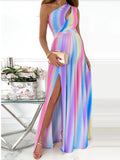 Rainbow Pink & Blue Off Shoulder Cut Out Ruffle Slit Side Irregular Gender Reveal Dress Maternity Maxi Dress Maternity