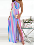 Rainbow Pink & Blue Off Shoulder Cut Out Ruffle Slit Side Irregular Gender Reveal Dress Maternity Maxi Dress Maternity