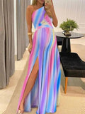 Rainbow Pink & Blue Off Shoulder Cut Out Ruffle Slit Side Irregular Gender Reveal Dress Maternity Maxi Dress Maternity
