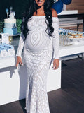 White Lace Sequin Off Shoulder Mermaid Bodycon Wedding Gown Baby Shower Elegant Foamal Maternity Photoshoot Maxi Dress Maternity