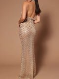 Off Shoulder Backless Sequins Mermaid Halter Neck Banquet Evening Gown Maternity Maxi Dress Maternity