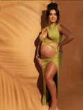 Olive Cut Out Irregular Split Ruffle Side Slit Bodycon Chic Photoshoot Maternity Maxi Dress Maternity