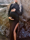 Black High Neck Side Slit Bodycon Long Sleeve Baby Shower Maternity Maxi Dress Maternity