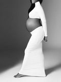Solid Color Ruffle High Neck Crop Top 2-in-1 Long Sleeve Bodycon Club Party Photoshoot Maternity Maxi Dress Maternity