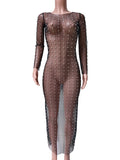 Mesh Solid Color Beading Pearl Rhinestone Long Sleeve Cover-ups Side Slit Photoshoot Maternity Maxi Dress Maternity