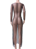 Mesh Solid Color Beading Pearl Rhinestone Long Sleeve Cover-ups Side Slit Photoshoot Maternity Maxi Dress Maternity