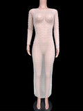 Mesh Solid Color Beading Pearl Rhinestone Long Sleeve Cover-ups Side Slit Photoshoot Maternity Maxi Dress Maternity