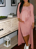 Pink Sweater Off Shoulder Sashes Cardigans Bodycon 2-in-1 Baby Shower Maternity Midi Dress Maternity
