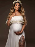 Patchwork Lace Tassel Slit Photoshoot Baby Shower Pregnant Maternity Maxi Dress Maternity