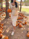 Solid Knitted Rib Fabric Off Shoulder V-neck Fall Fashion Maternity Photoshoot Maxi Dress Maternity