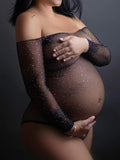 Black Off Shoulder Maternity Photoshoot Body Rhinestones Crystal Bodysuit Maternity