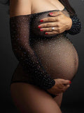Black Off Shoulder Maternity Photoshoot Body Rhinestones Crystal Bodysuit Maternity