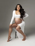White Ruffle Cut Out Crop Side Slit Irregular Bodycon Photoshoot Maternity Maxi Dress Maternity