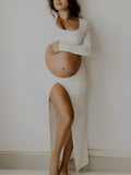 White Ruffle Cut Out Crop Side Slit Irregular Bodycon Photoshoot Maternity Maxi Dress Maternity
