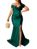 Off Shoulder Short Sleeve V-Neck High Split Bodycon Solid Baby Shower Party Gown Maternity Maxi Dress Maternity