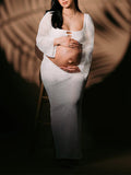 White 2 Piece Crochet Mesh Backless Flare Sleeve Bodycon Vacation Beach Photoshoot Baby Shower Maternity Maxi Dress Maternity