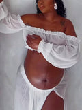 Chic White Two Piece Falbala Slits On Both Sides Transparent Off Shoulder Flowy Beach Maternity Photoshoot Maxi Dress Maternity