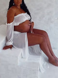 Chic White Two Piece Falbala Slits On Both Sides Transparent Off Shoulder Flowy Beach Maternity Photoshoot Maxi Dress Maternity