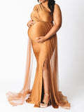 Khaki One Shoulder Cut Out Tulle Train Side Slit Plus Size Maternity Photoshoot Dresses Maternity