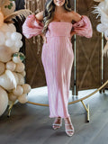 Pink Off Shoulder Bandeau Ribbed Pleated Bodycon Puff Sleeve Evening Gown Baby Shower Maternity Maxi Dress Maternity