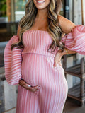 Pink Off Shoulder Bandeau Ribbed Pleated Bodycon Puff Sleeve Evening Gown Baby Shower Maternity Maxi Dress Maternity