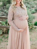 Sequin Tulle Splicing Long Sleeve Party Gown Photoshoot Maternity Baby Shower Maxi Dress Maternity