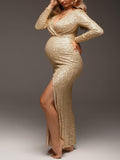 Golden Glitter Sequin Side Slit V-neck Elegant Eevning Gown Maternity Photoshoot Baby Shower Party Maxi Dress Maternity