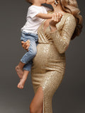 Golden Glitter Sequin Side Slit V-neck Elegant Eevning Gown Maternity Photoshoot Baby Shower Party Maxi Dress Maternity