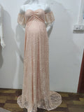 Solid Color Lace Off Shoulder Cap Sleeve Photoshoot Maternity Maxi Dress Maternity