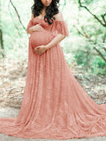 Solid Color Lace Off Shoulder Cap Sleeve Photoshoot Maternity Maxi Dress Maternity