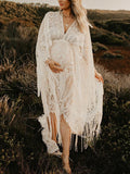 Lace White Tassel Bohemian Sheer High Waist Flare Sleeve Photoshoot Maternity Maxi Dress Maternity
