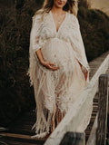 Lace White Tassel Bohemian Sheer High Waist Flare Sleeve Photoshoot Maternity Maxi Dress Maternity